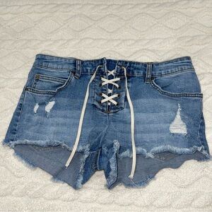 Laced Up Distressed Denim Shorts